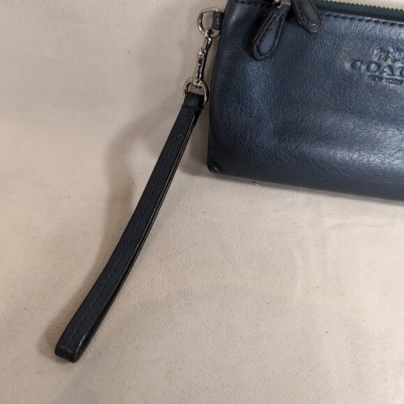 Coach Park Wristlet Metallic Blue Leather Pebbled F64130 Double Zipper Strap - Picture 3 of 16